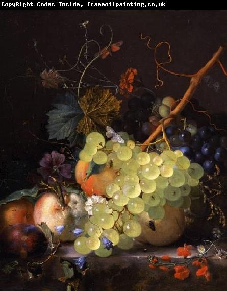 Jan van Huijsum of grapes and a peach on a table top